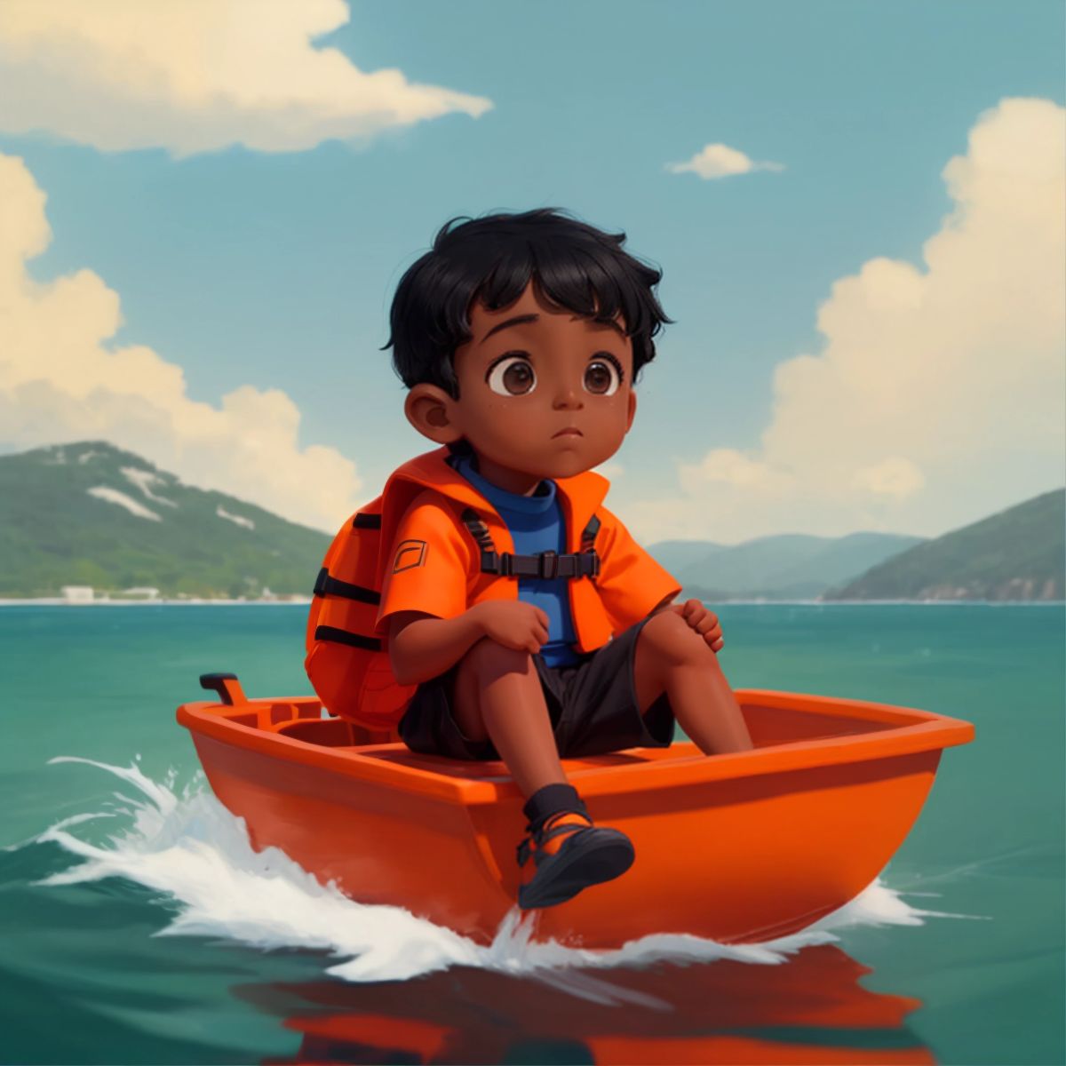 Aziz wearing an orange life jacket, sitting in a small boat