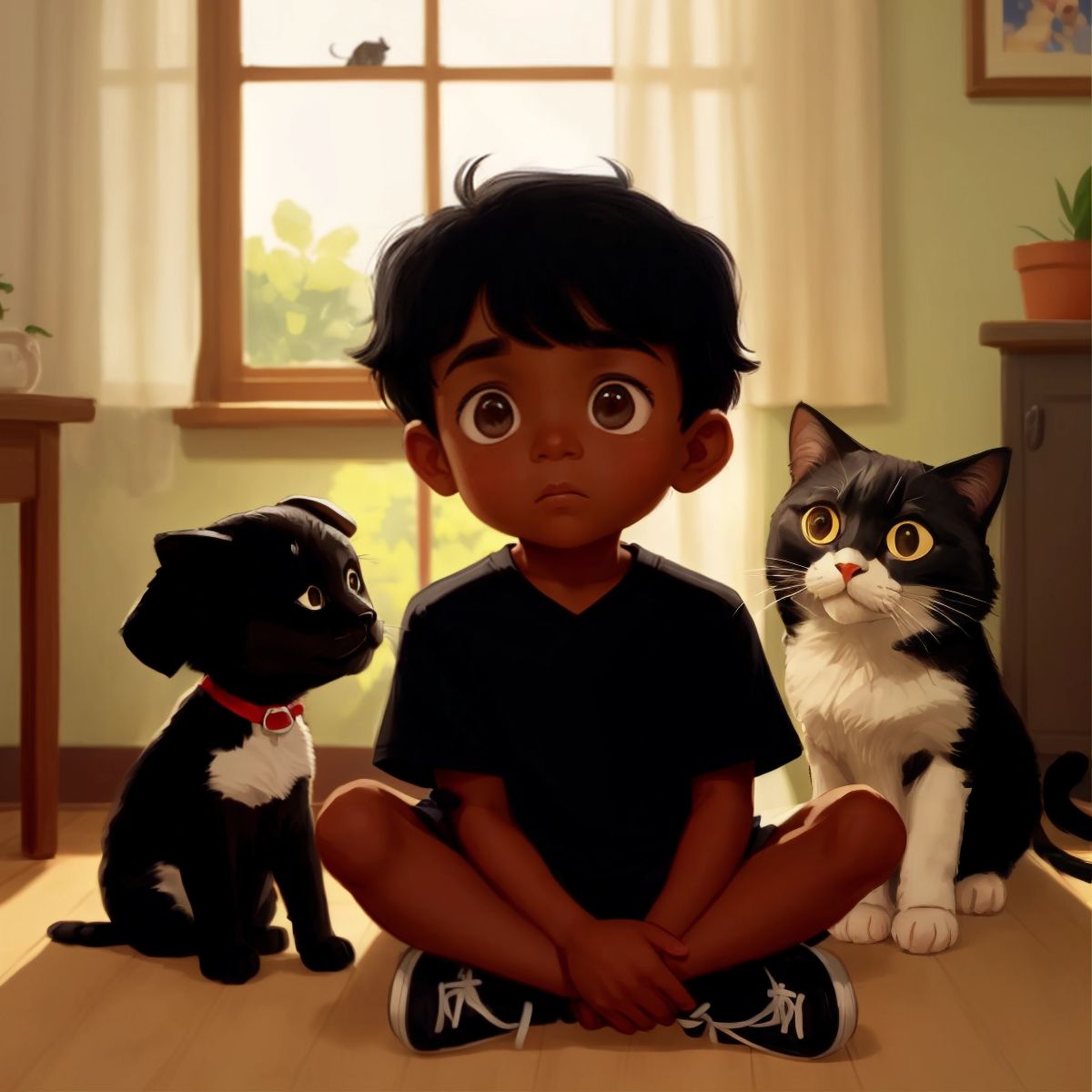 Aziz looking sad with a cat and a dog in the background