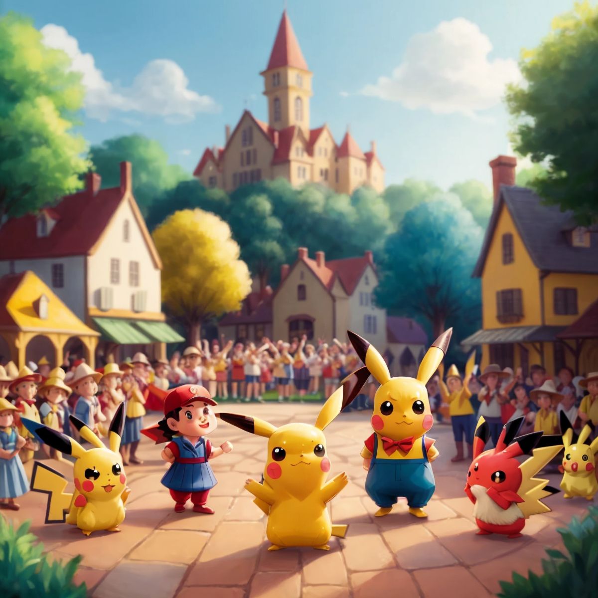 The townspeople cheering for Pikachu, Ash, and the other Pokémon