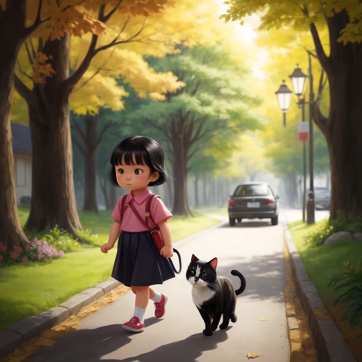 Nayu and Lika walking home, Nayu holding the cat and Lika holding Nayu's hand