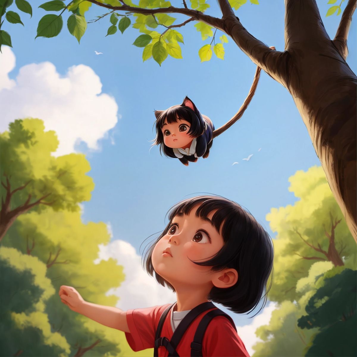 Nayu looking up at a cat stuck in a tree