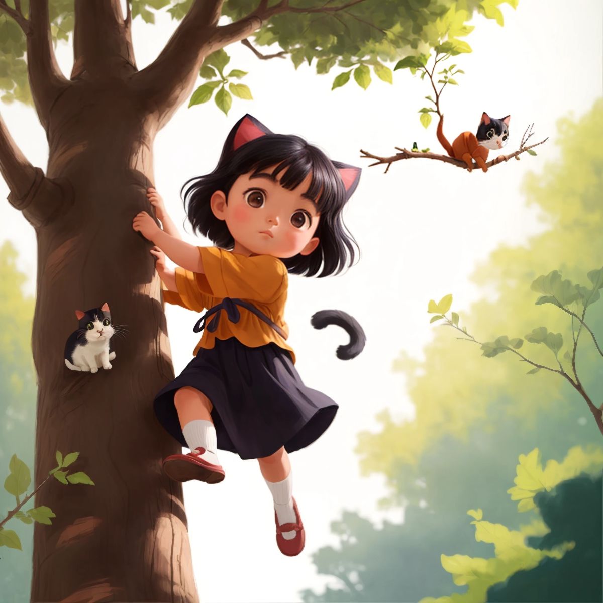 Nayu climbing a tree with a cat visible on a higher branch