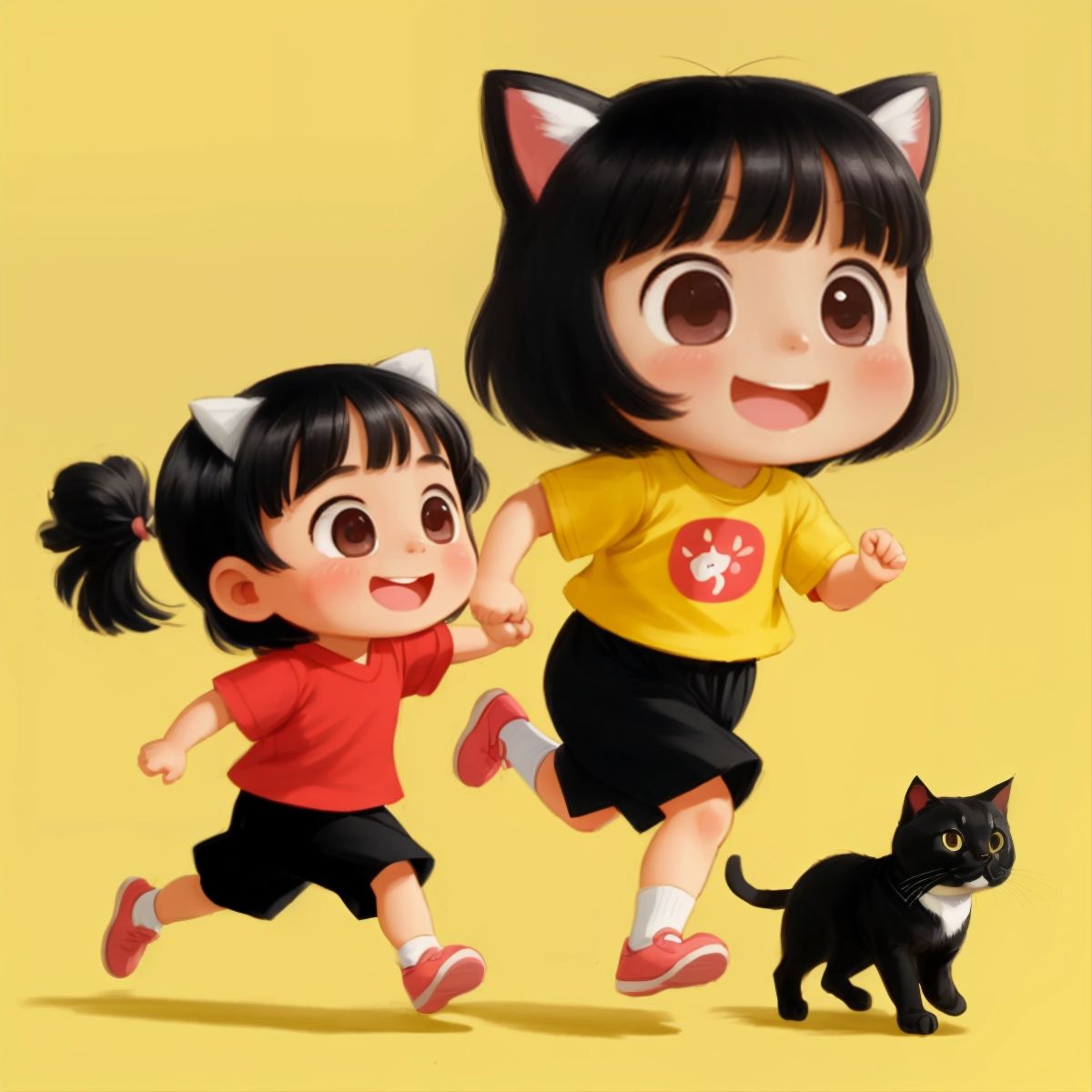 Lika smiling and running towards Nayu who is holding a cat in her arms