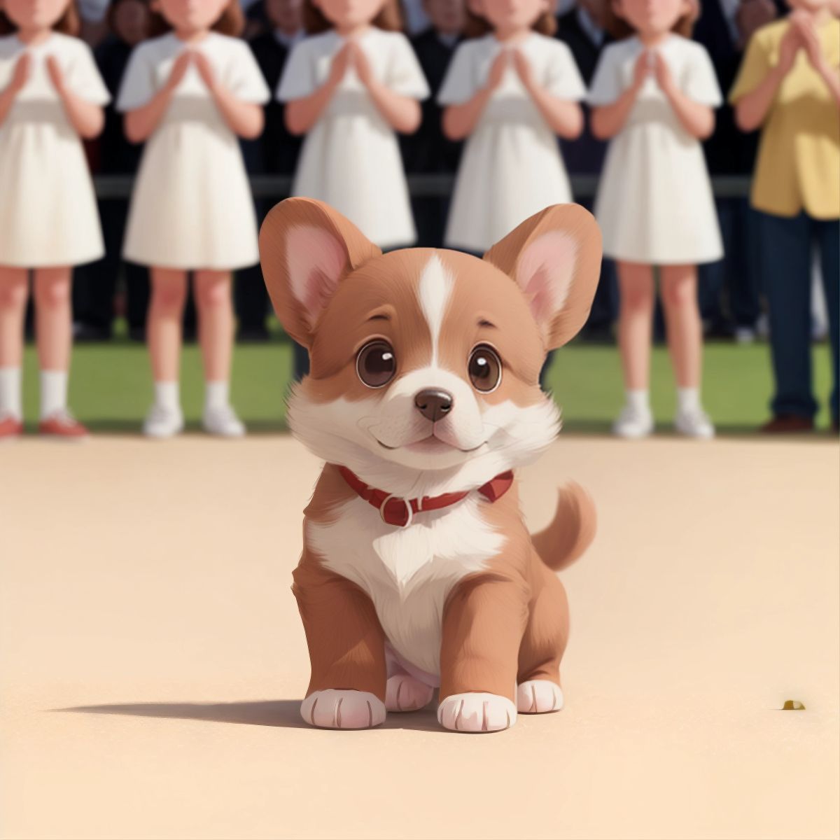 Tickle performing tricks, with a crowd of people clapping in the background