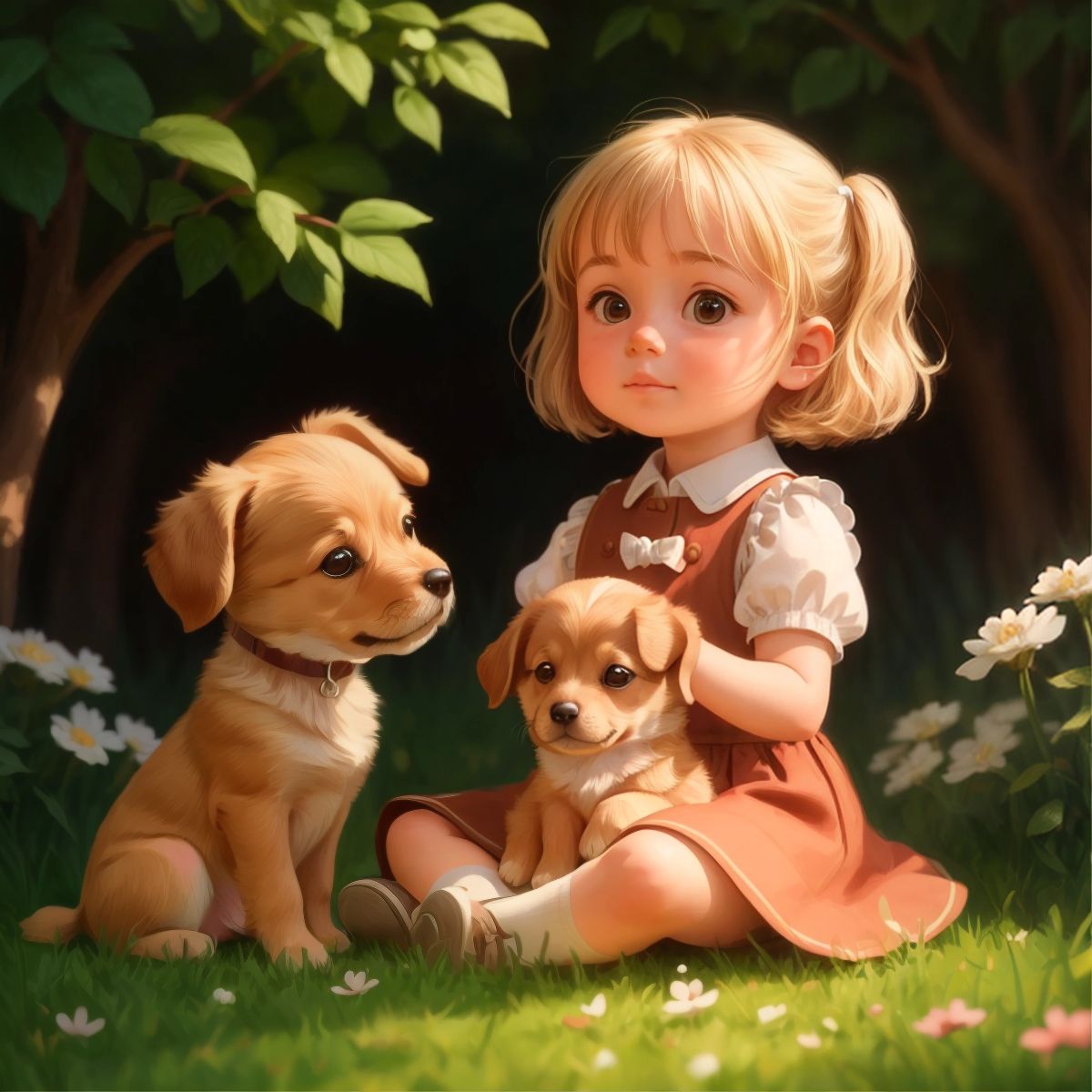 Nora sitting in a thoughtful pose with a playful puppy next to her