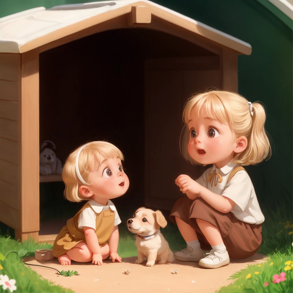 Nora with a surprised and delighted expression looking at a puppy in the shelter