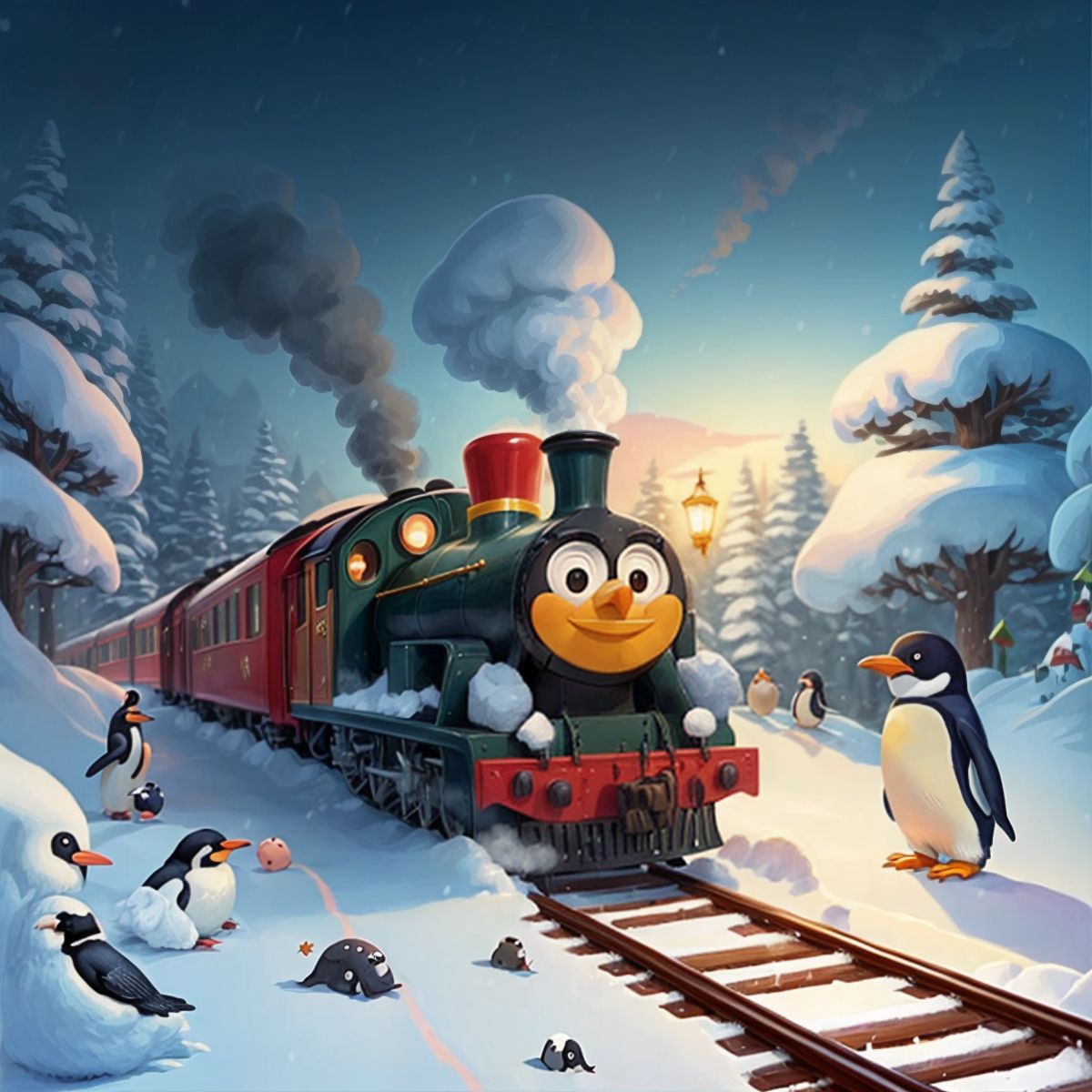 Choo-Choo in a snowy landscape with a penguin nearby