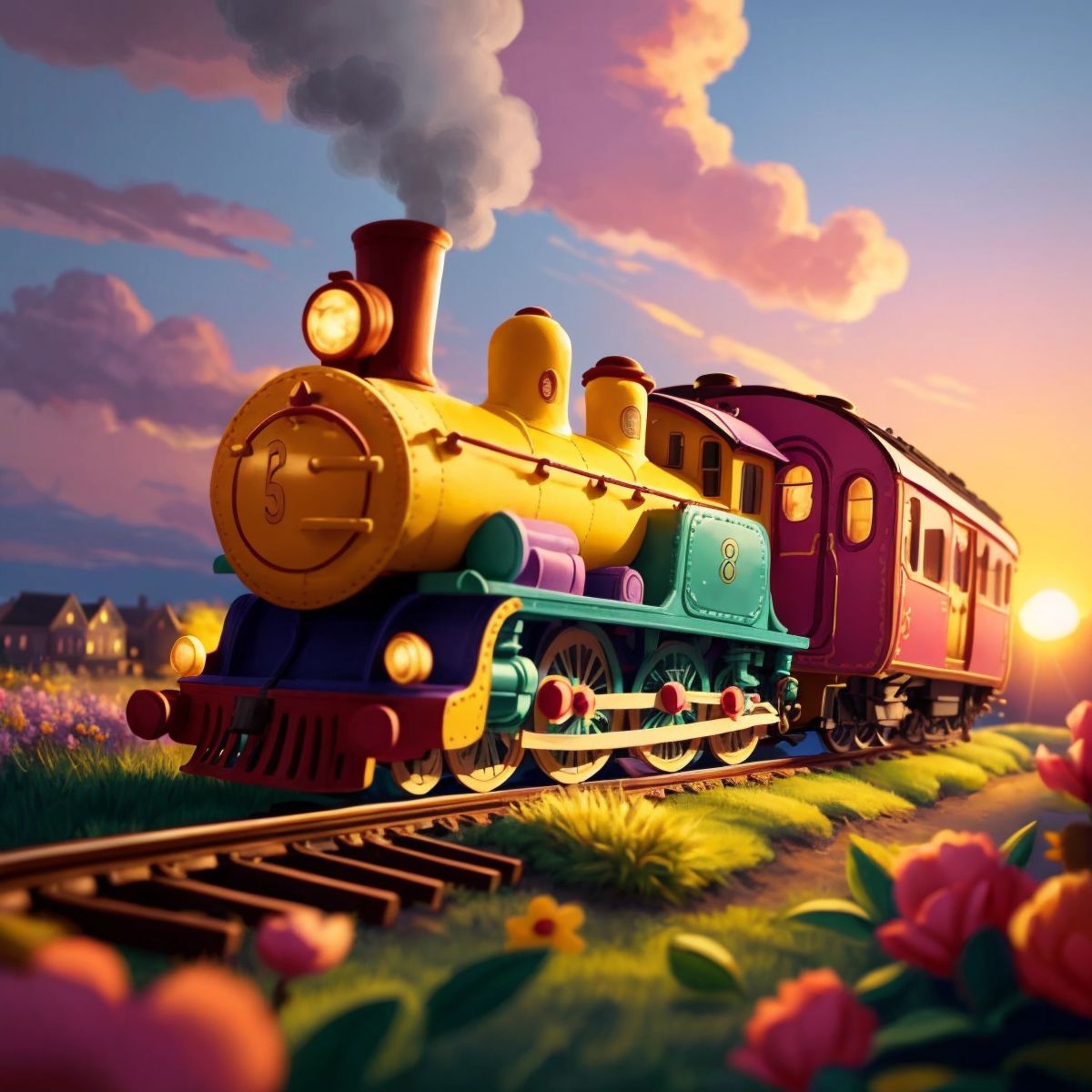 Choo-Choo against the backdrop of a sunset in Toyland, addressing children