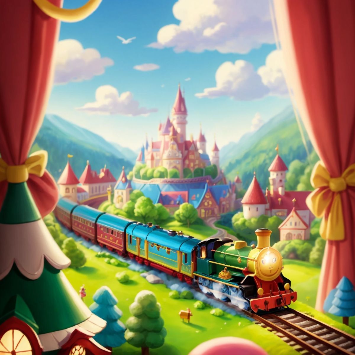 Choo-Choo, the magical train, on a track with a view of Toyland in the background