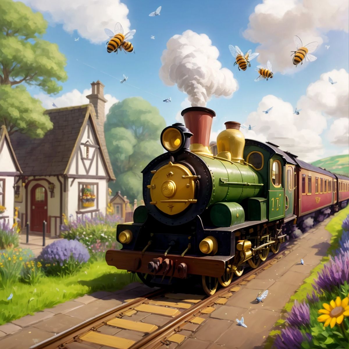 Choo-Choo in a bustling street with bees flying around