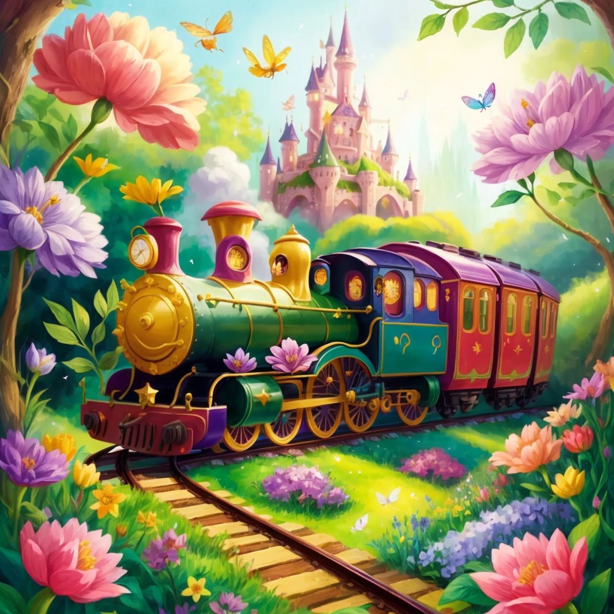 Choo-Choo surrounded by colorful fairies in Fairyland