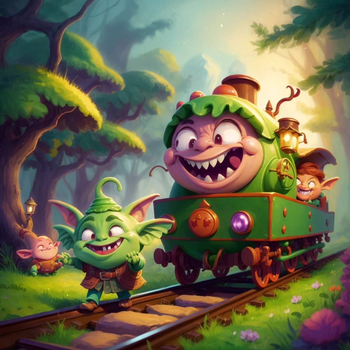 Choo-Choo laughing with a Giggle Goblin