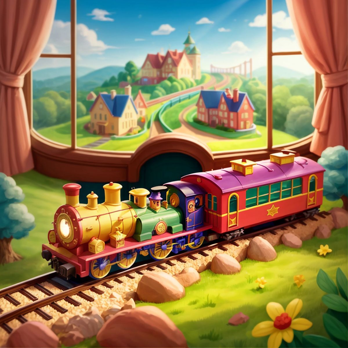 Choo-Choo on a track with a view of Toyland in the background, looking content