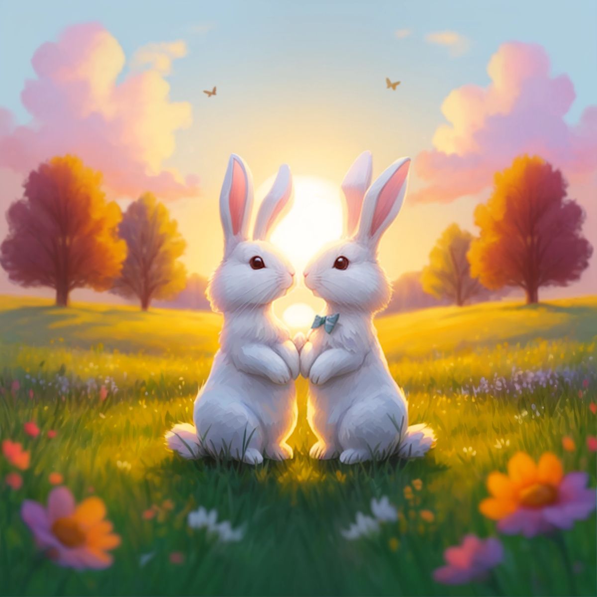 Benny Bunny and Mummy Bunny hugging in a meadow with sunset colors