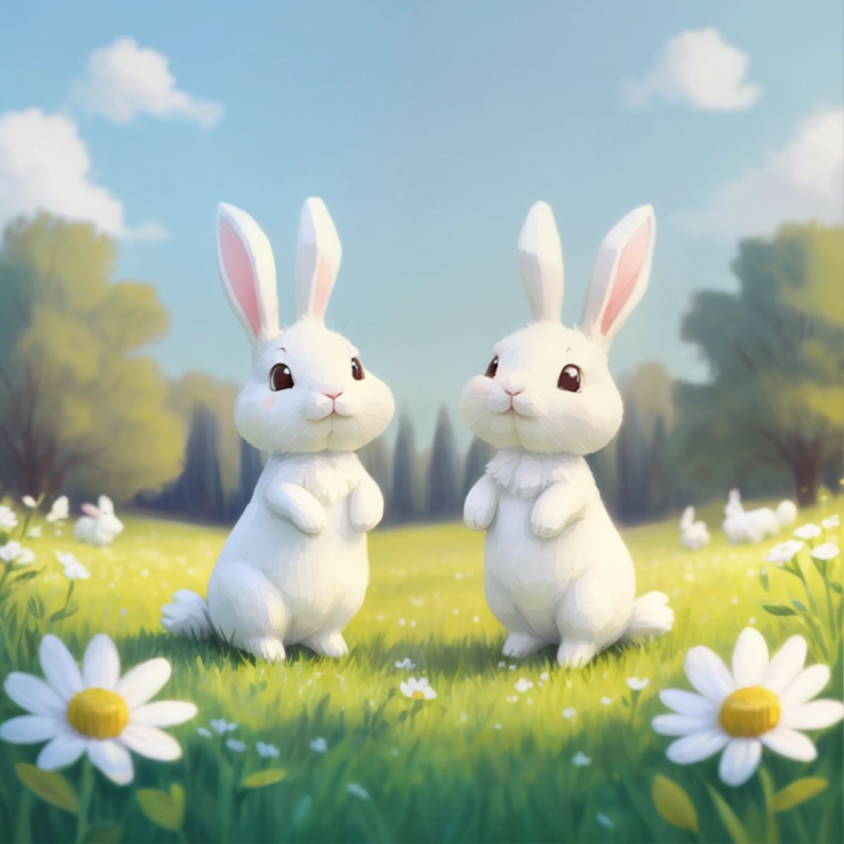 Benny Bunny and Mummy Bunny standing in the meadow, facing the breeze