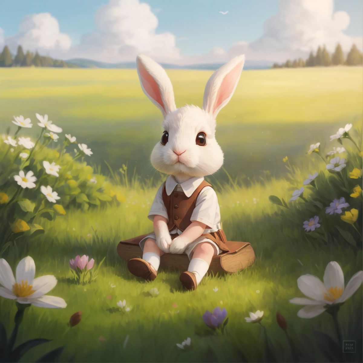 Benny Bunny sitting in the meadow, deep in thought