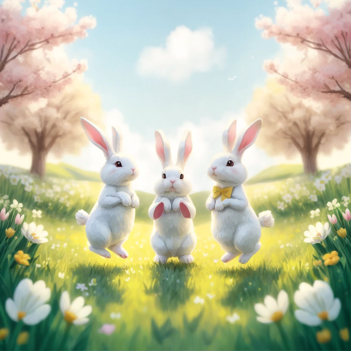 Benny Bunny and Mummy Bunny happily hopping in the meadow