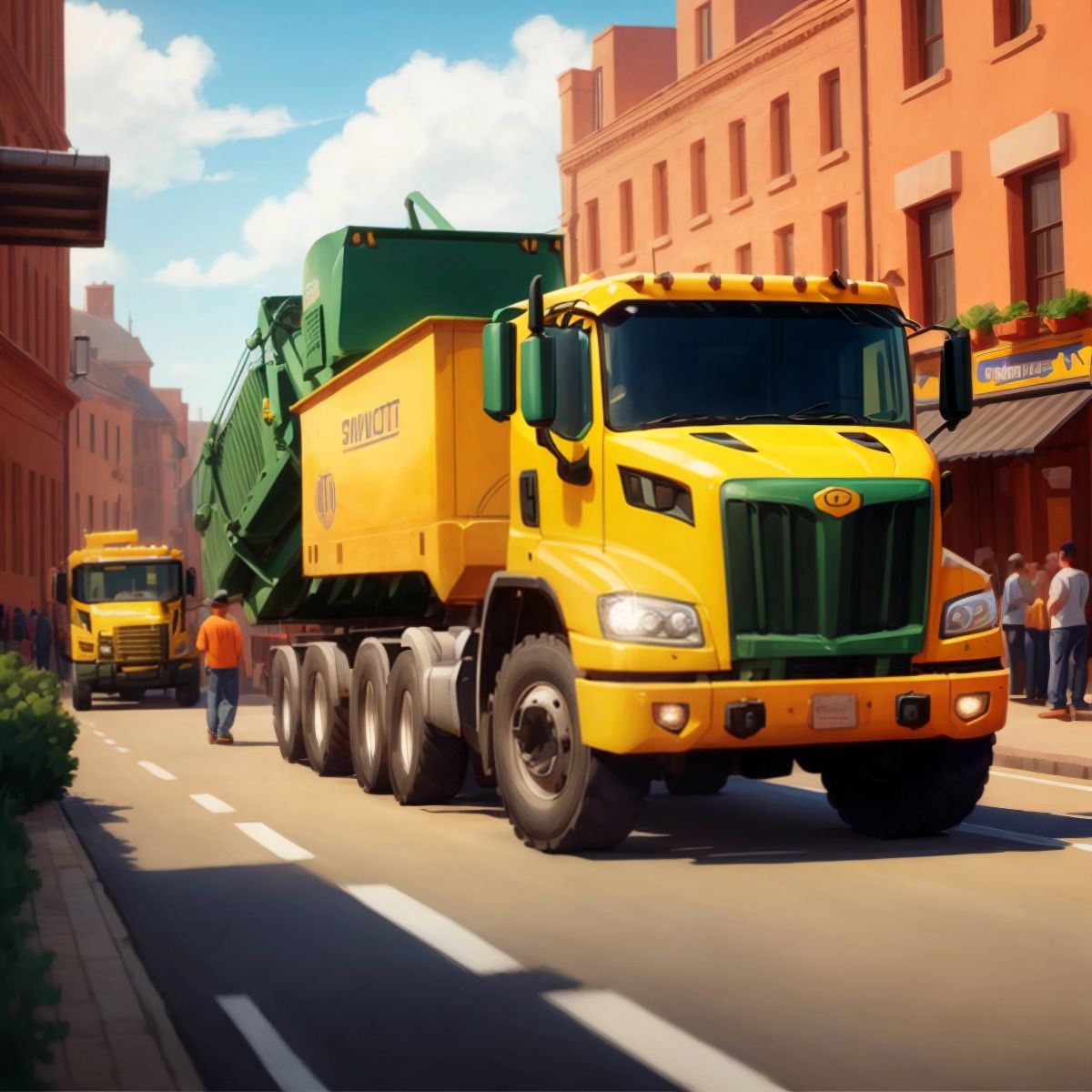 Garbage truck being appreciated by other trucks