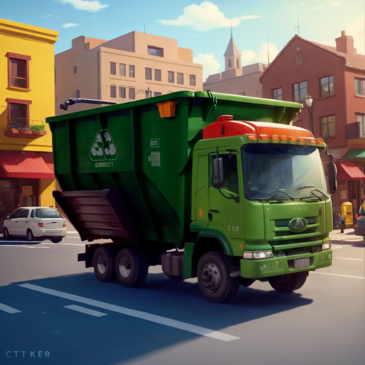 A dumpster truck collecting garbage