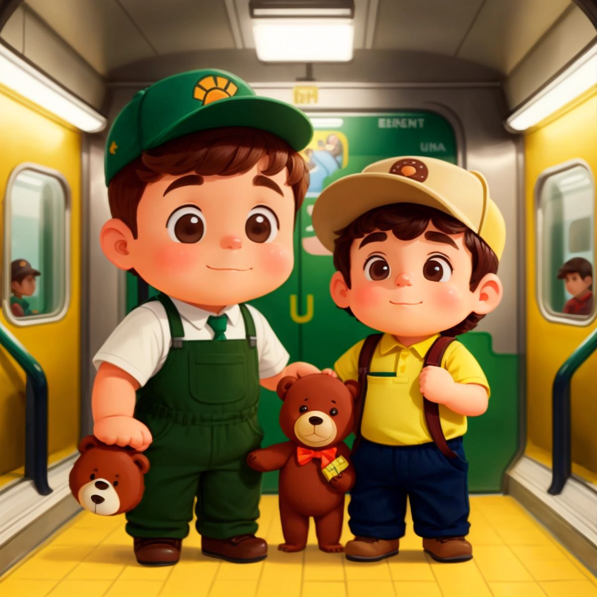 A subway worker holding a teddy bear