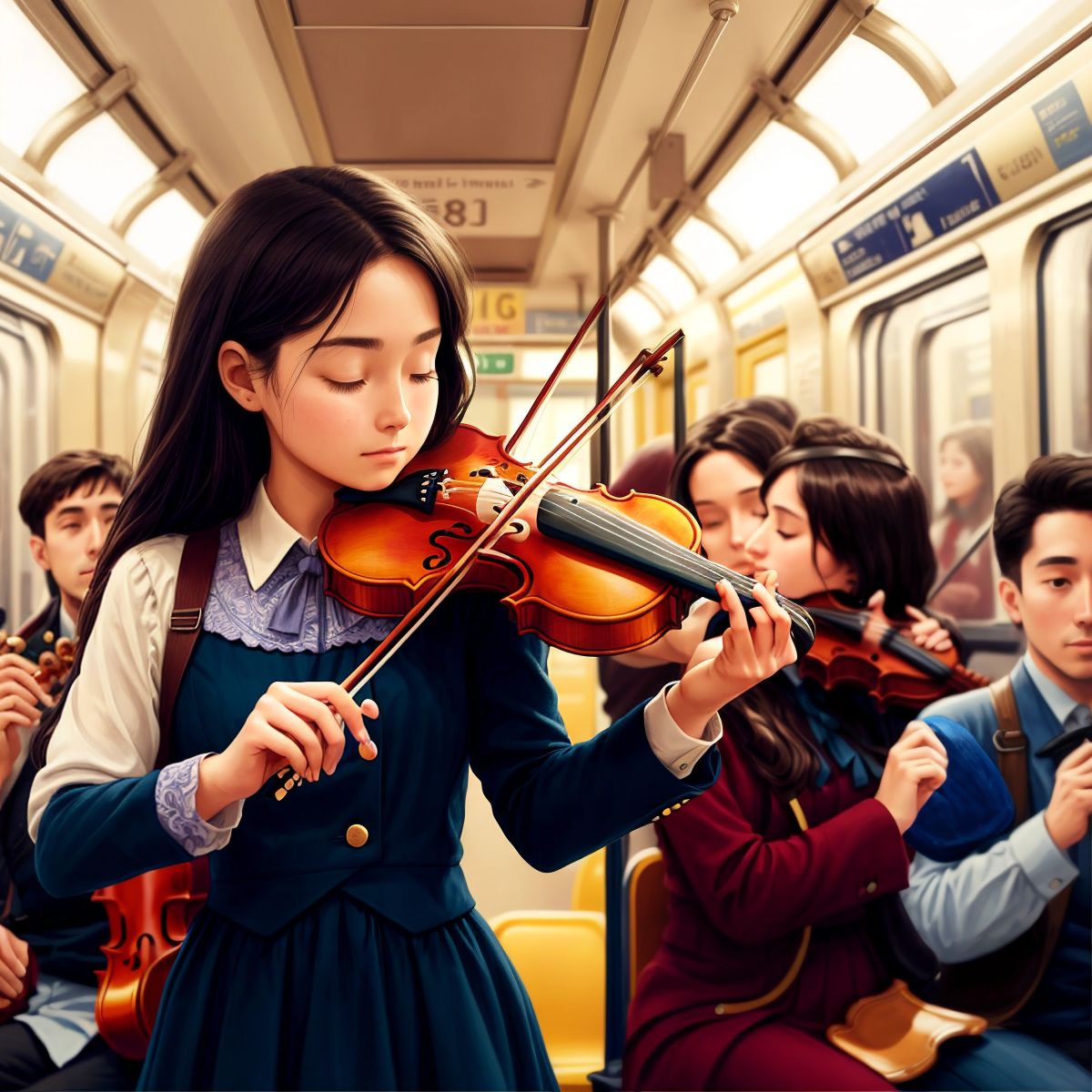 A talented musician playing a violin on the subway