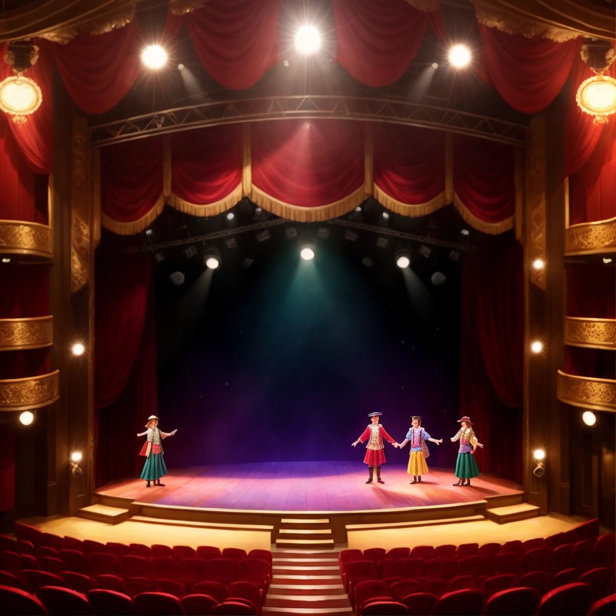 A stage filled with colorful costumes in the West End theatre district