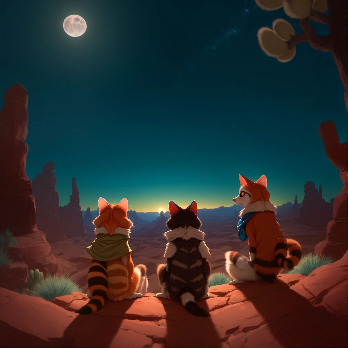 Sprite and his ringtail friends exploring the desert by night