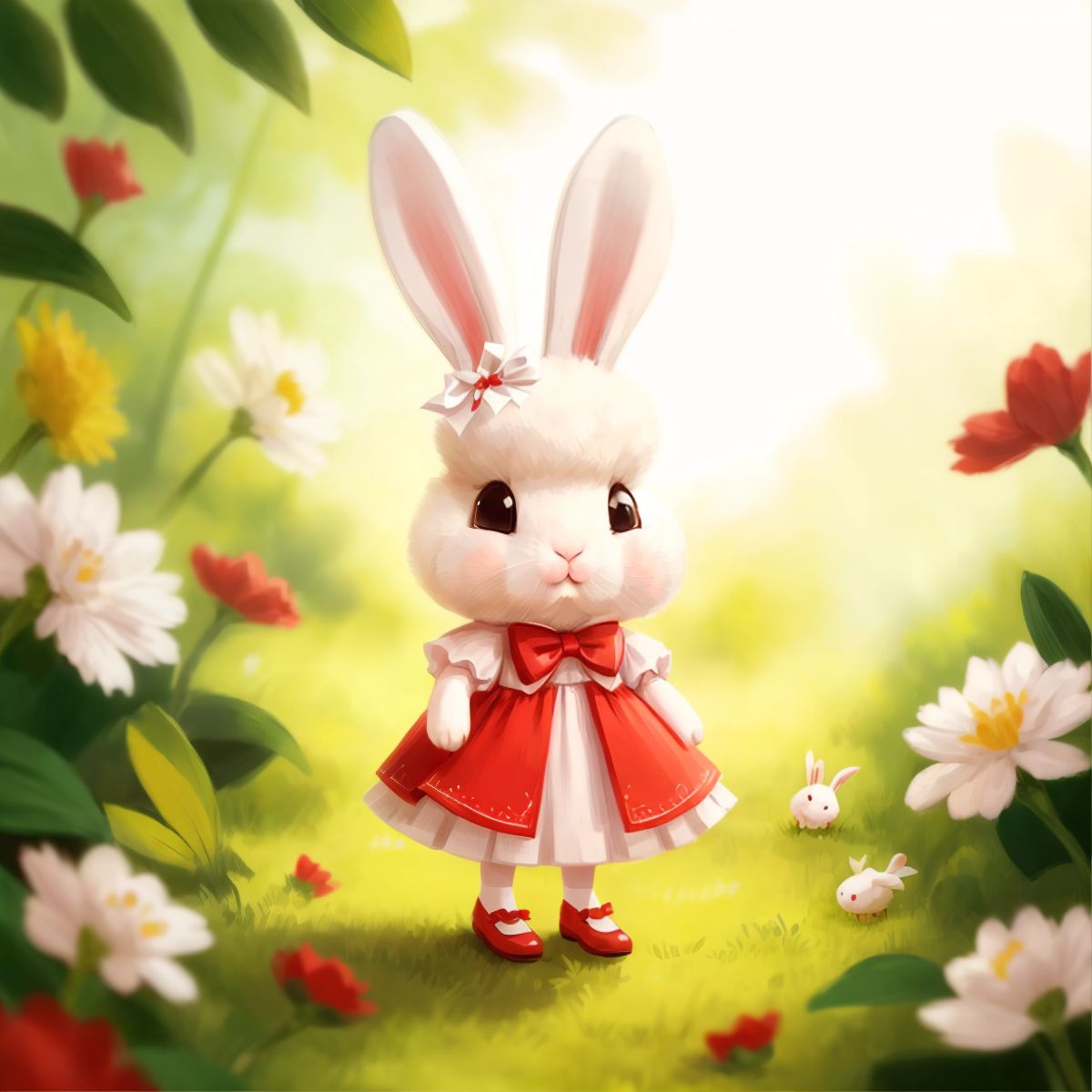 Bella, a white bunny wearing a red dress and a bow in her hair, exploring the world