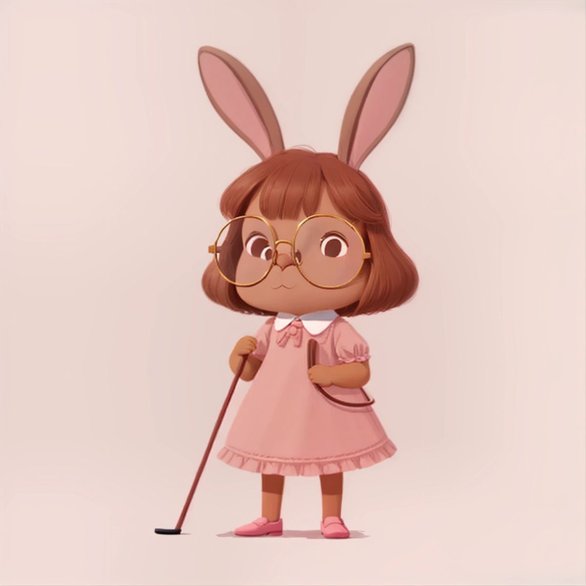 Gramma Bun, a brown bunny with glasses and a cane, wearing a pink dress and looking unwell