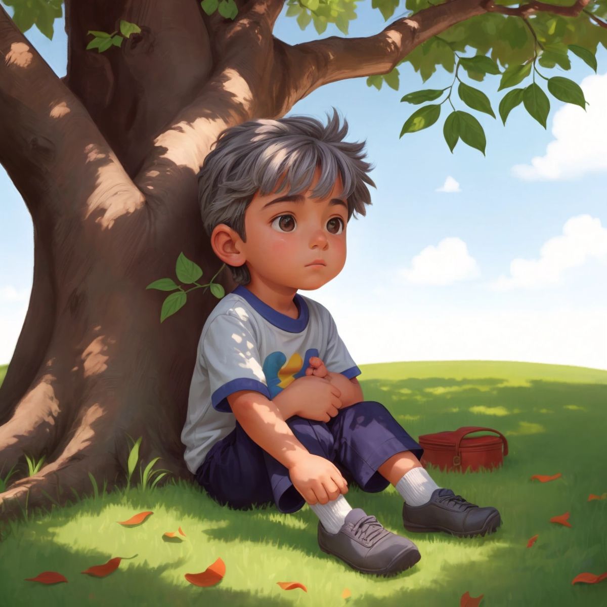 Tommy sitting under a tree, lost in his imagination