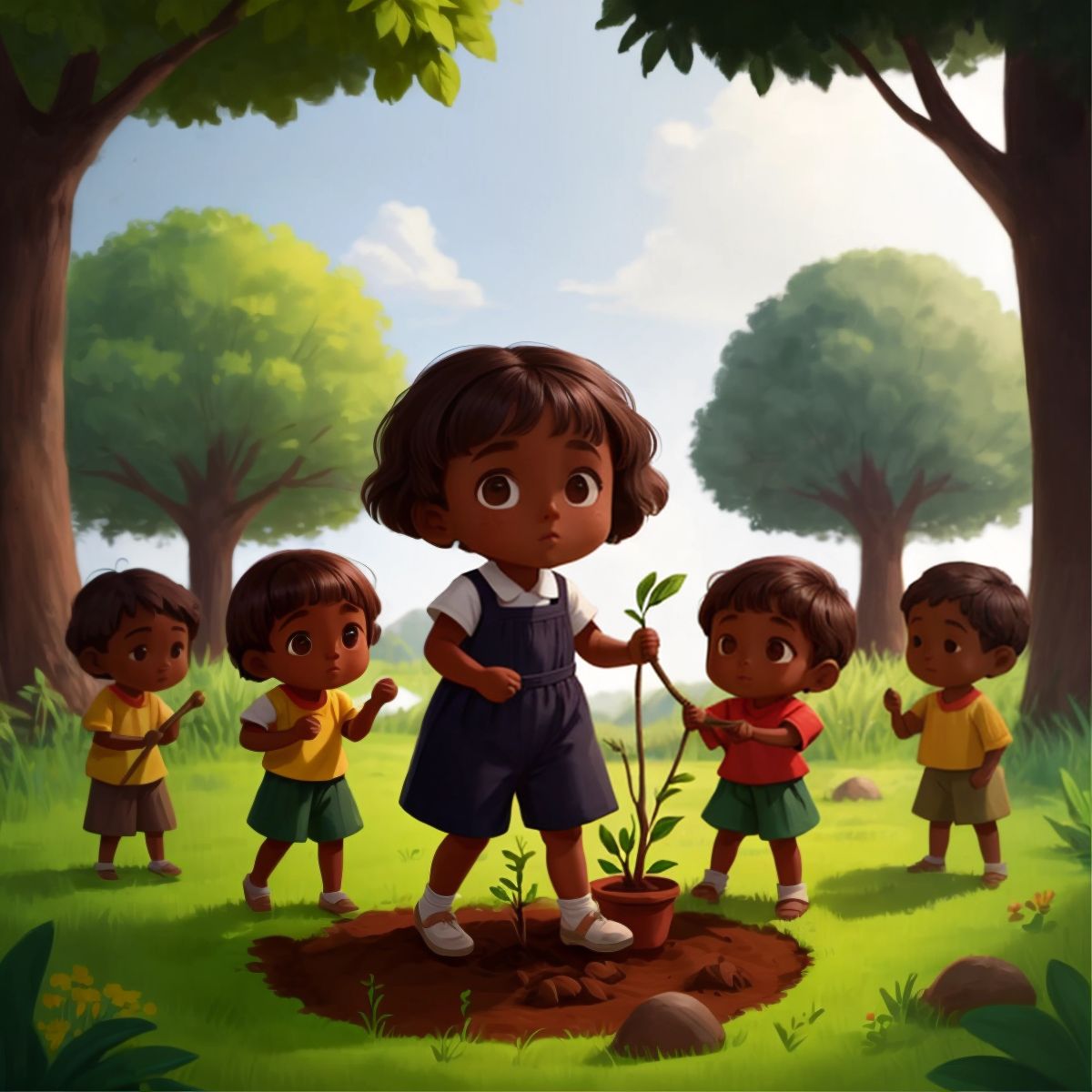 Nora planting a tree with a group of villagers