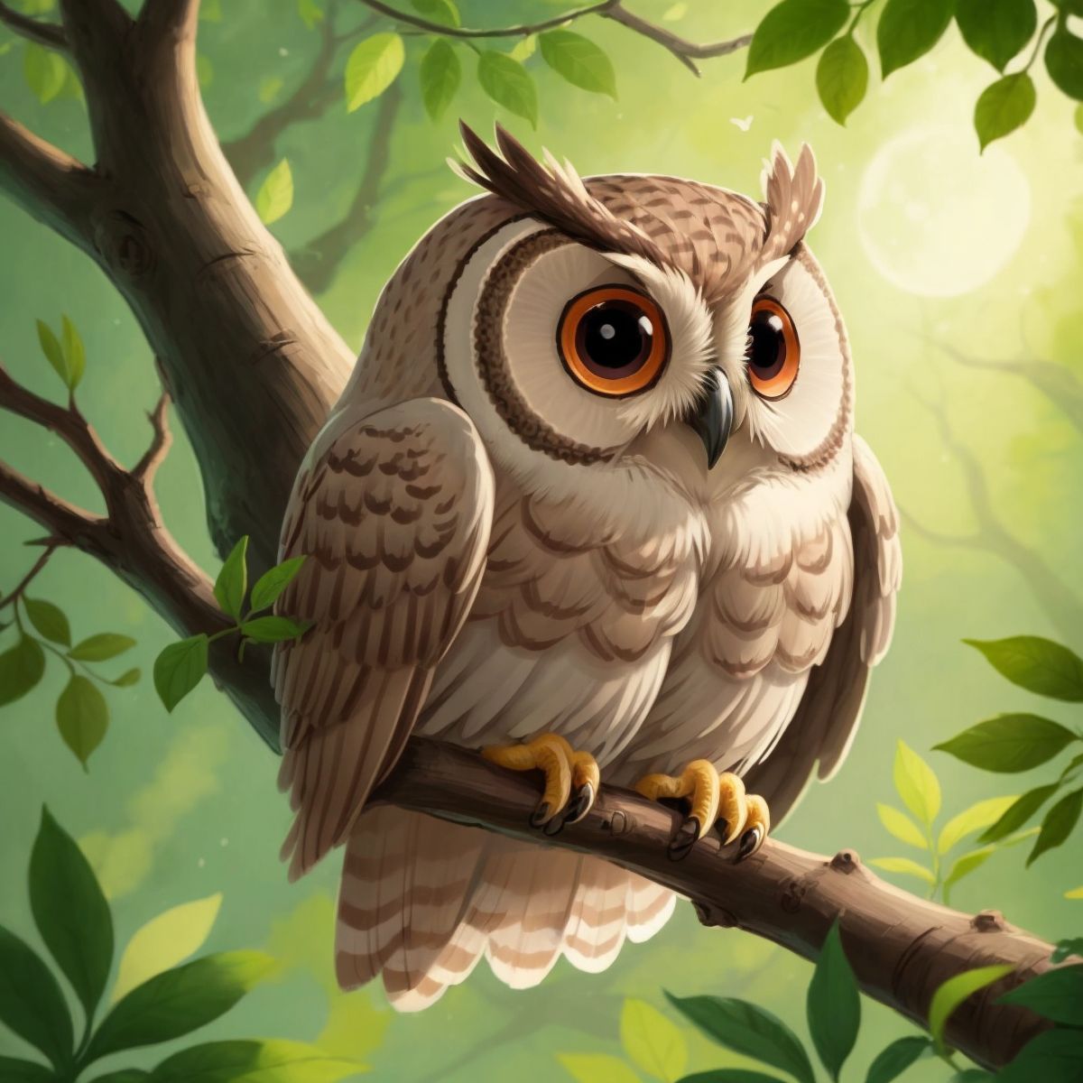 An owl with big, round eyes perched on a branch