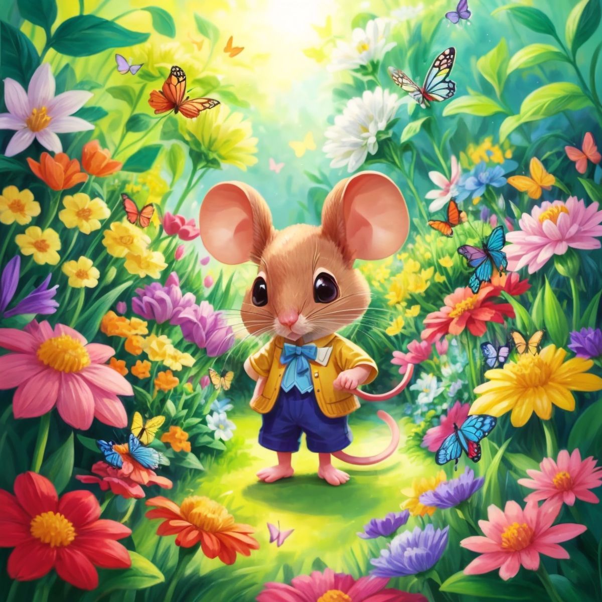 Minnie exploring a colorful garden