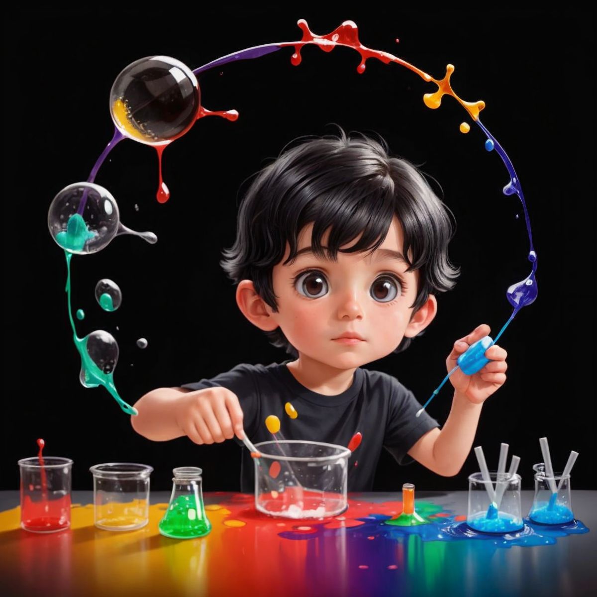 Charlie doing a science experiment with colorful liquids