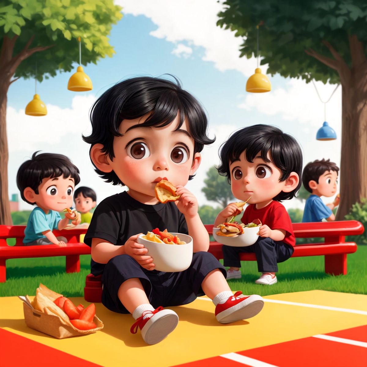 Charlie eating lunch with his friends at the playground