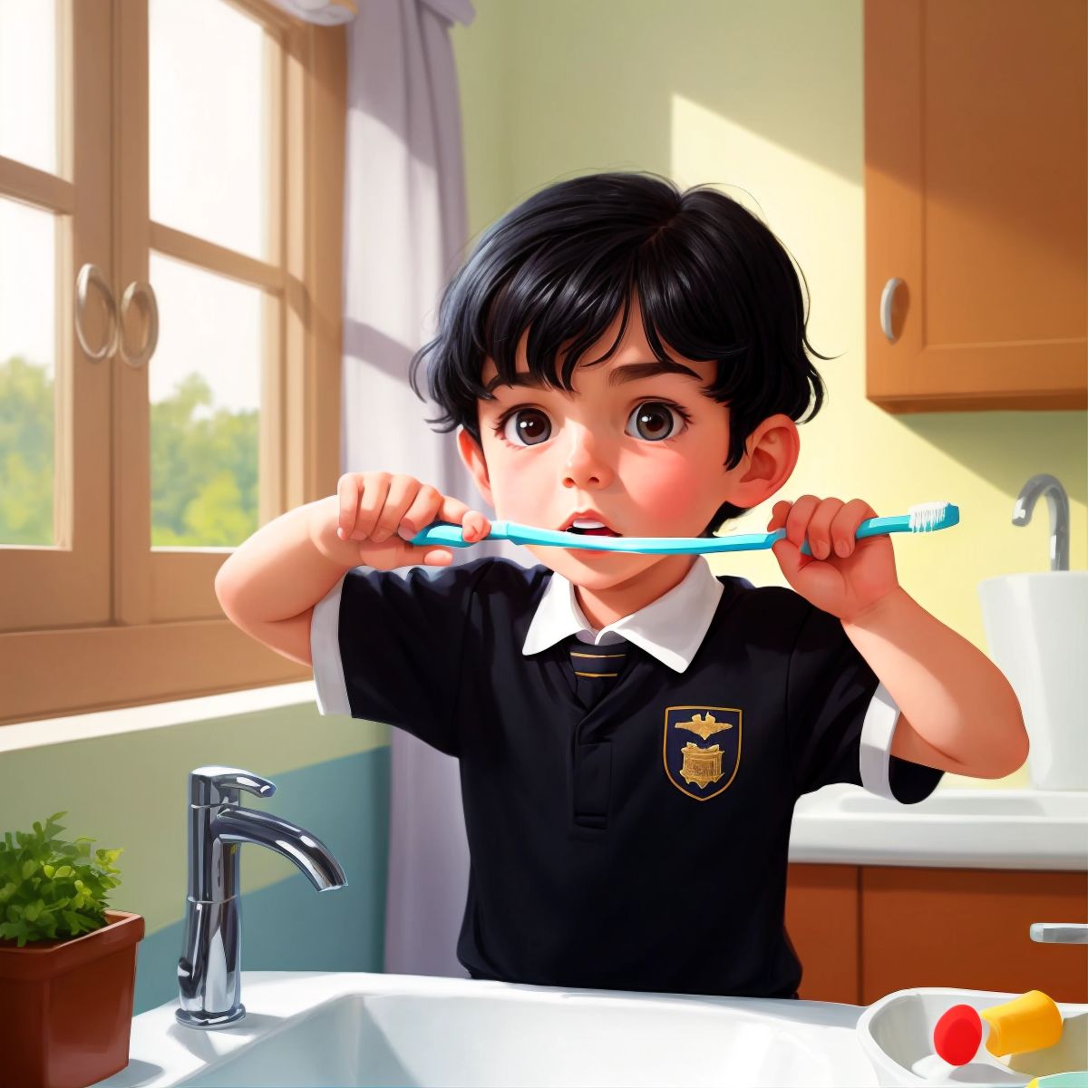 Charlie in his new school uniform, brushing his teeth