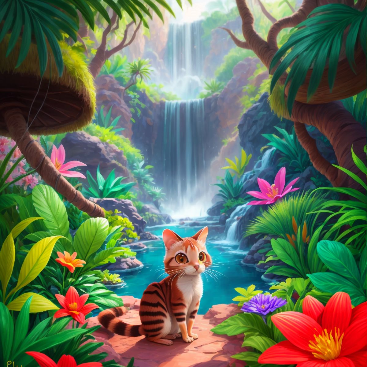 Sprite standing in front of a lush oasis