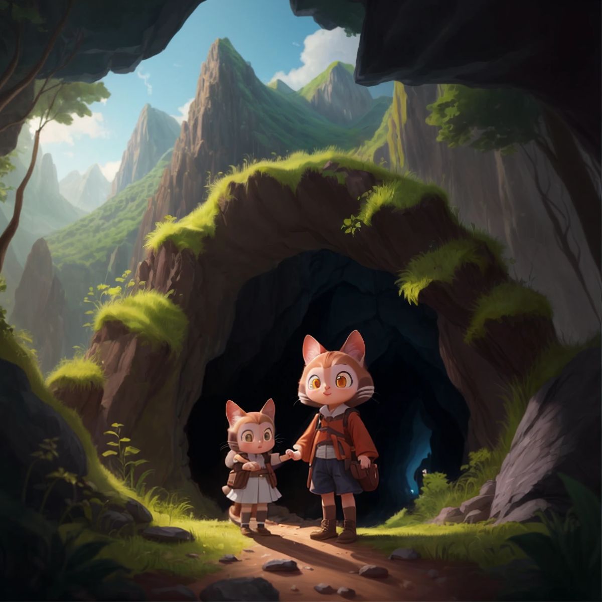 Sprite and Lily standing at the entrance of a dark cave