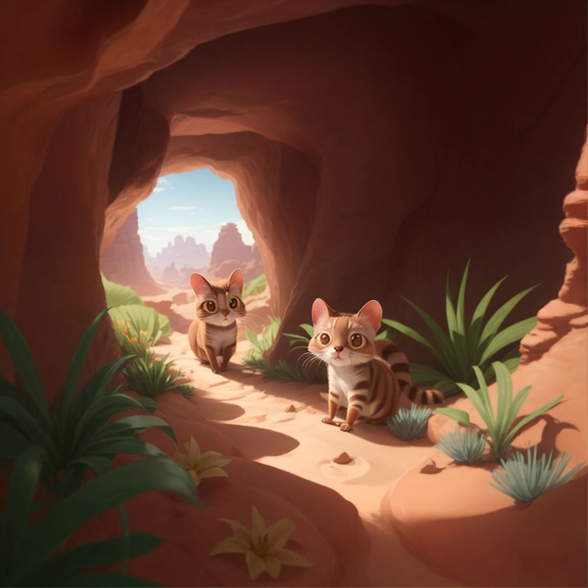 Sprite and Lily exploring hidden corners of the desert