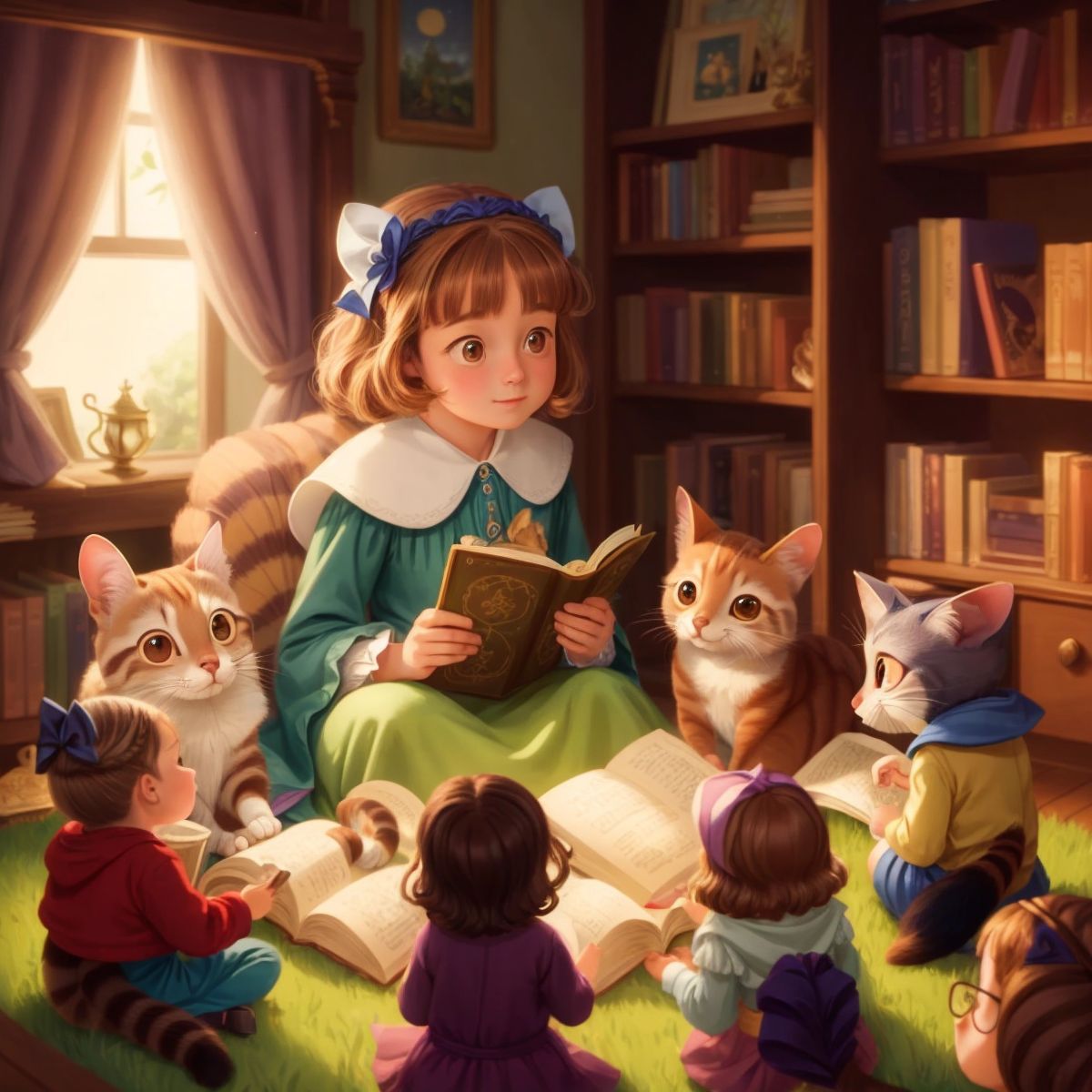 Sprite and Lily reading aloud from an enchanted book to children