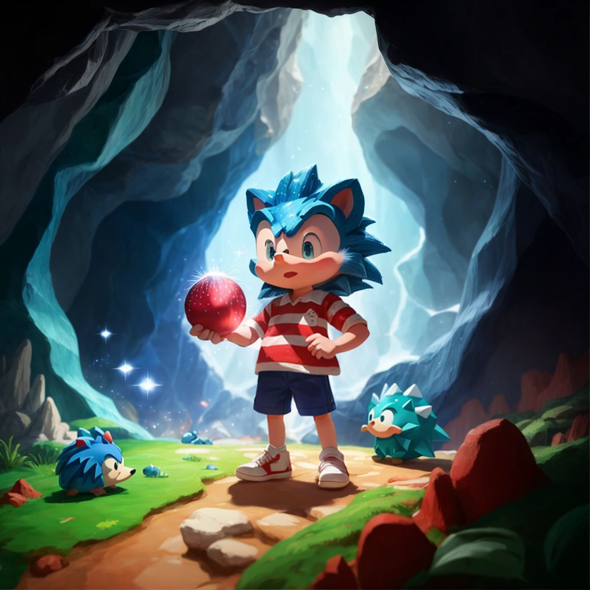 Sonic standing inside a cave with sparkling crystals on the walls