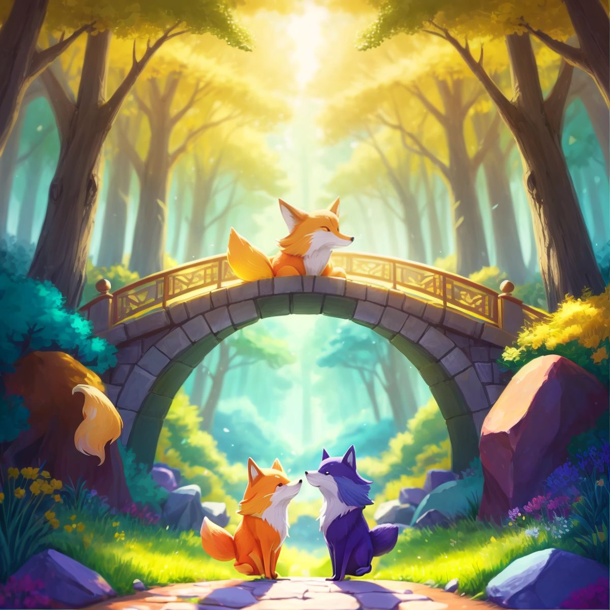 Tails standing before a magnificent bridge made of shimmering rainbow-colored stones