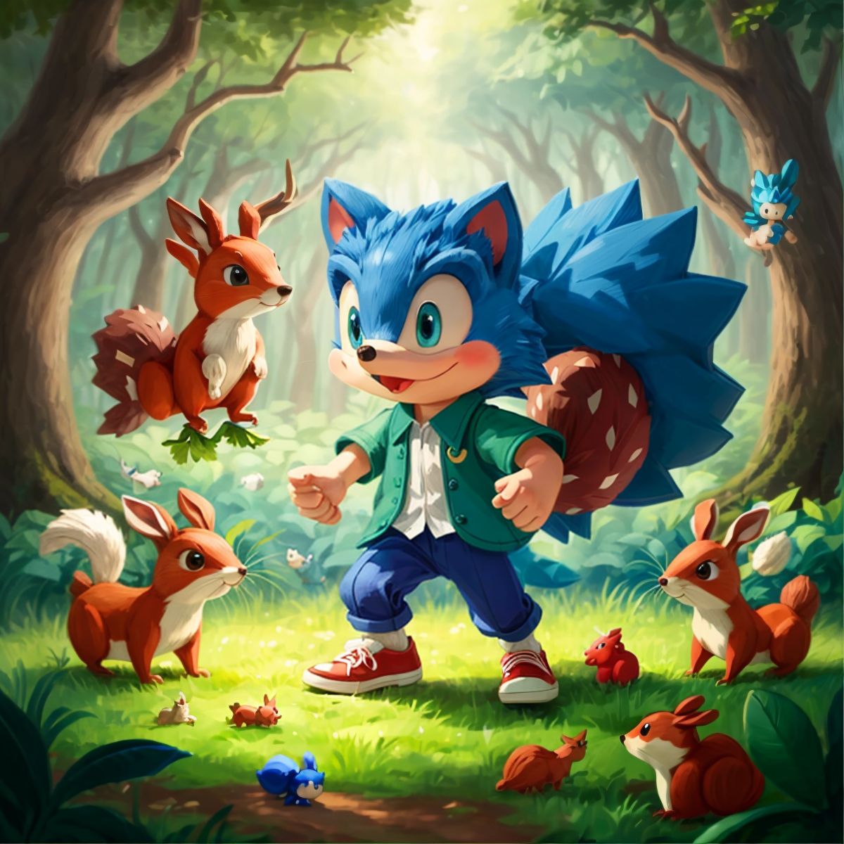 Sonic surrounded by playful squirrels, graceful deer, and mischievous rabbits