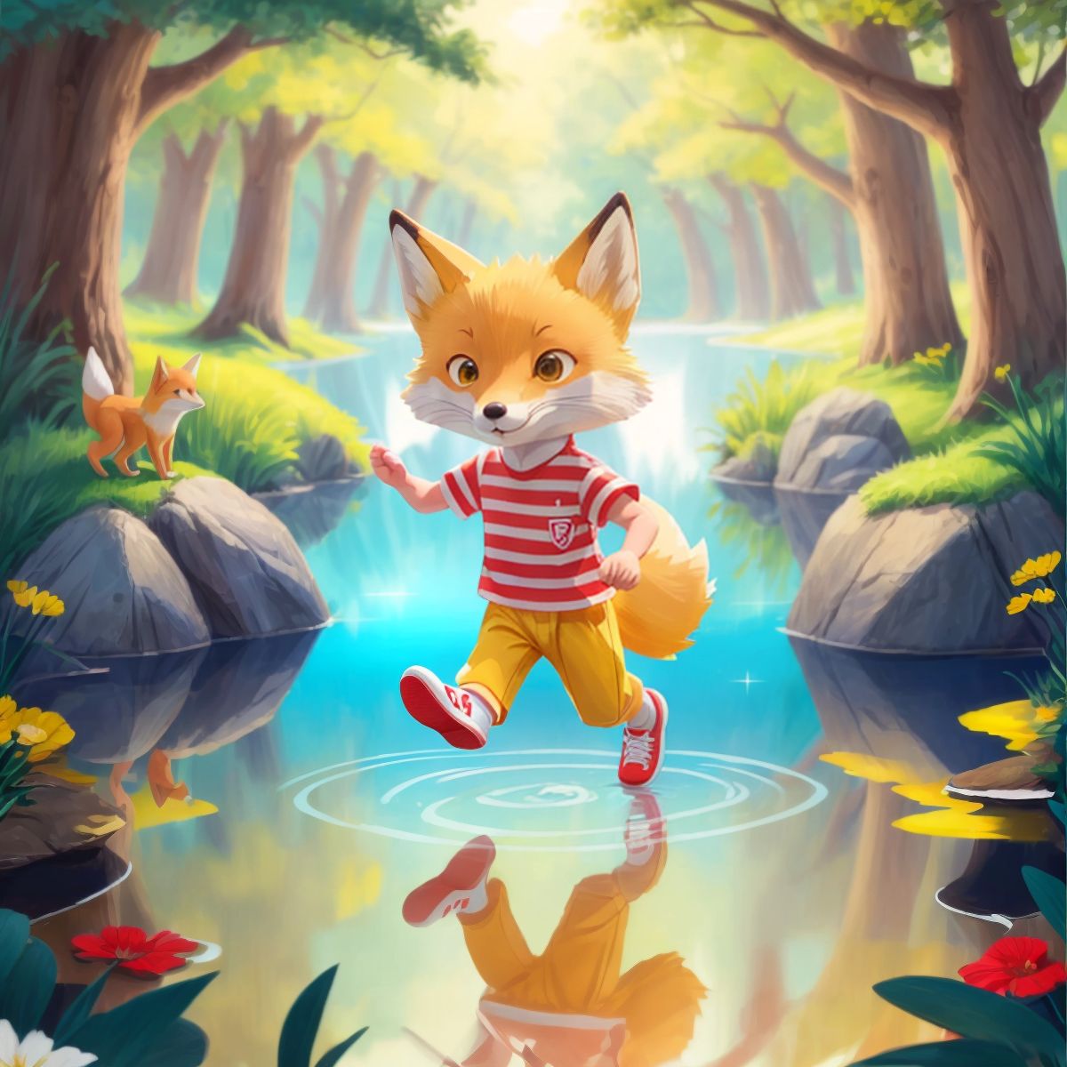 Tails dipping his toes into an enchanted shimmering lake