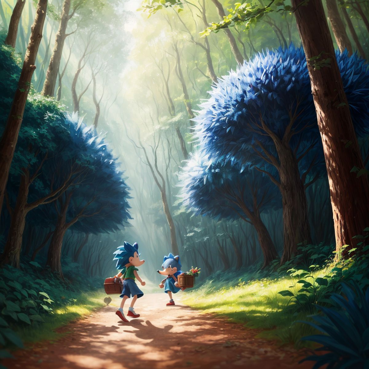 Sonic walking out of the forest with a treasure chest