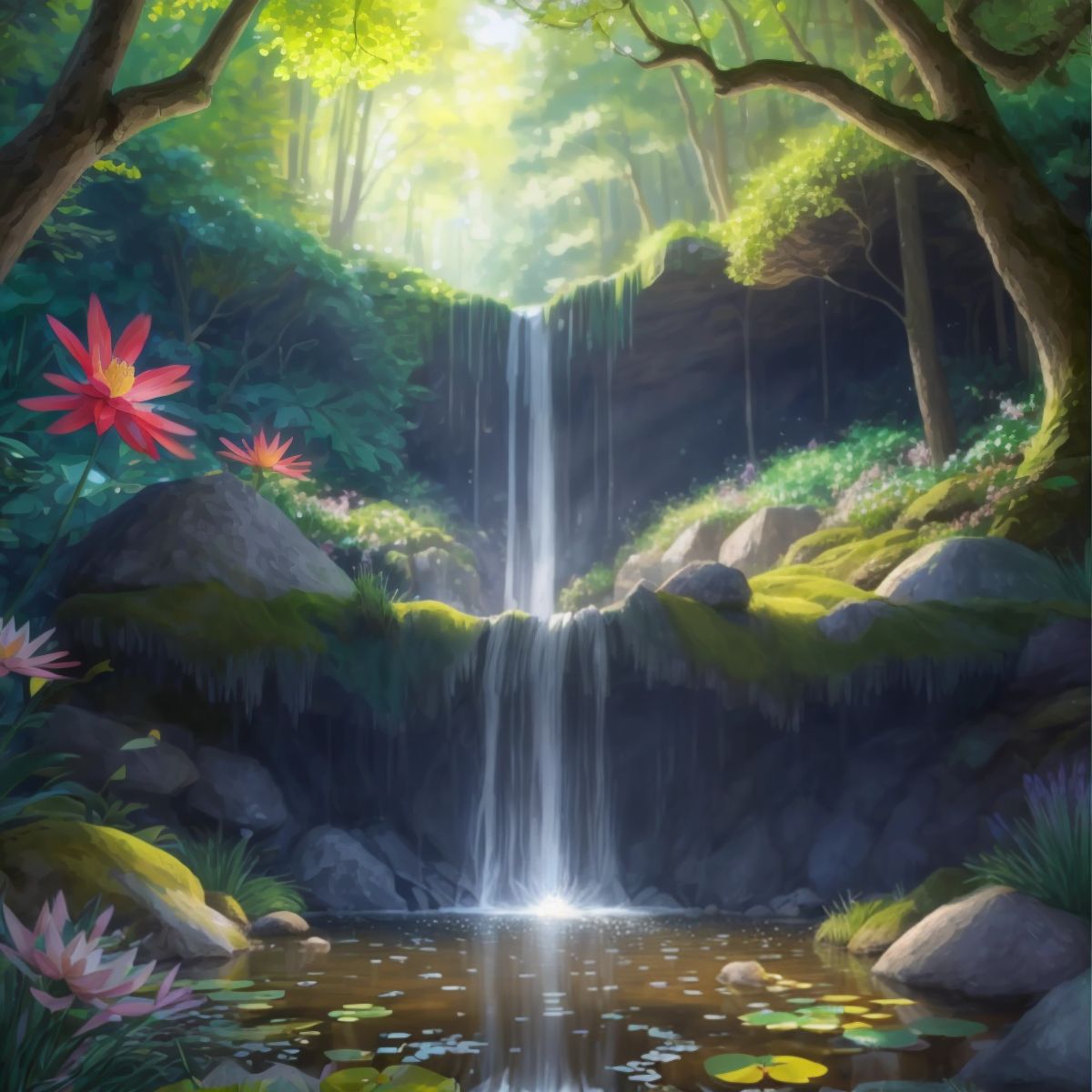 A sparkling waterfall cascading down into a crystal-clear pond