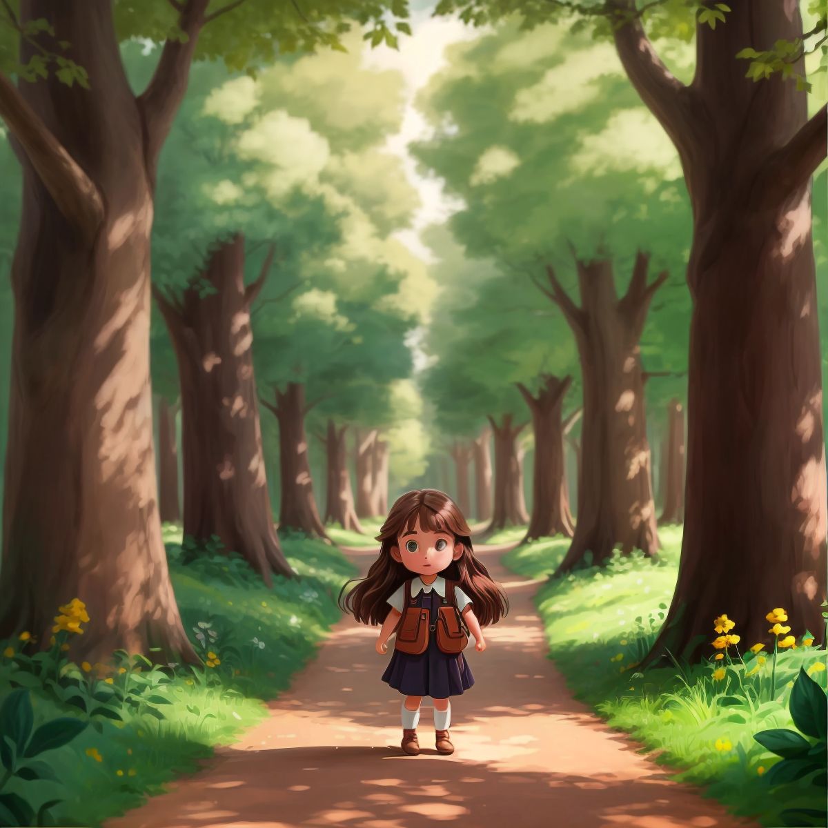 Lily stepping onto a winding path with trees around