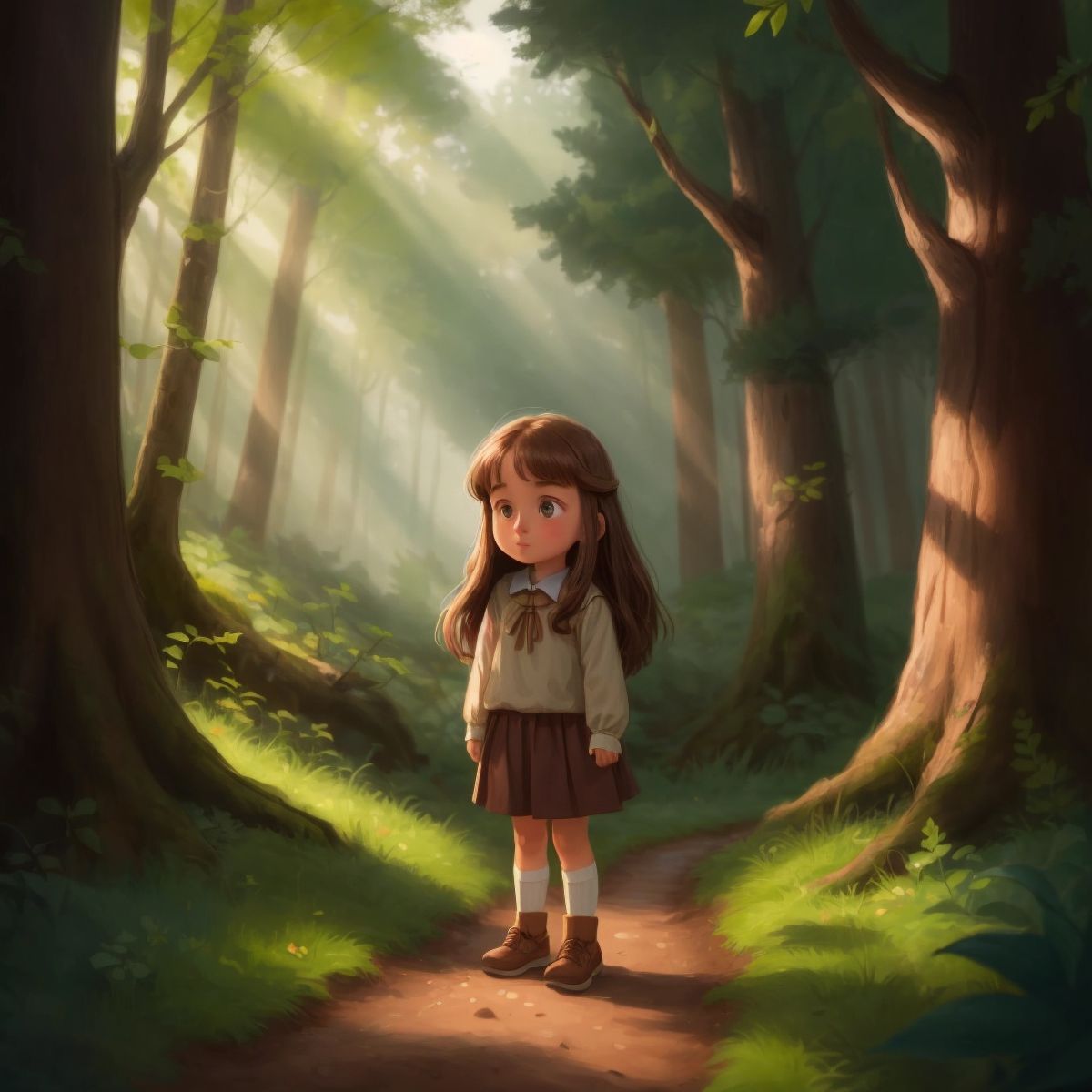 Lily standing at the start of a mysterious trail leading into a forest