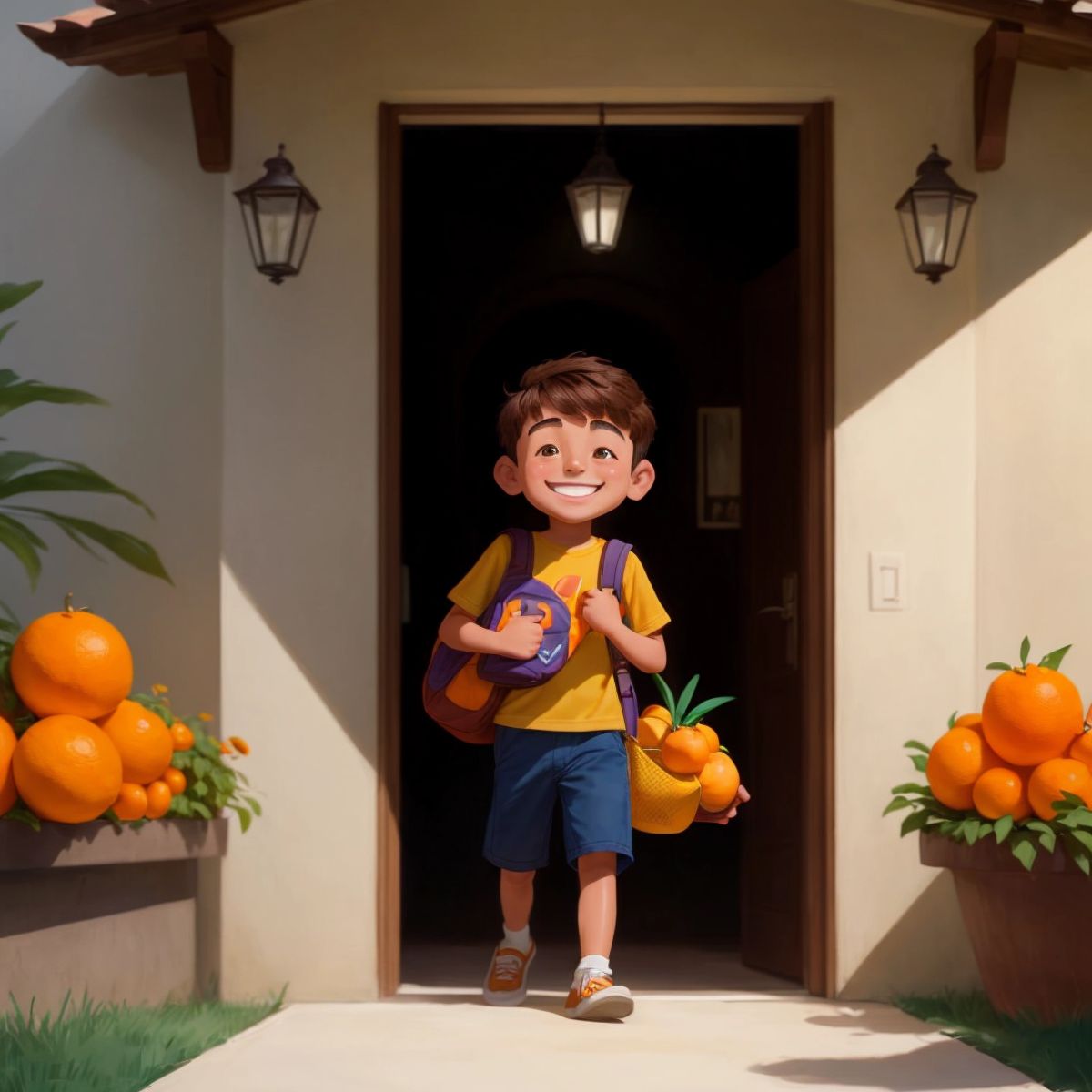 Daniel smiling as he enters his home, holding a bag of oranges