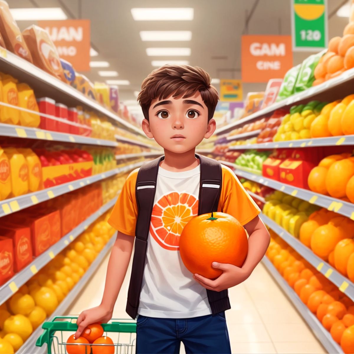 Daniel in a supermarket aisle, holding a juicy orange